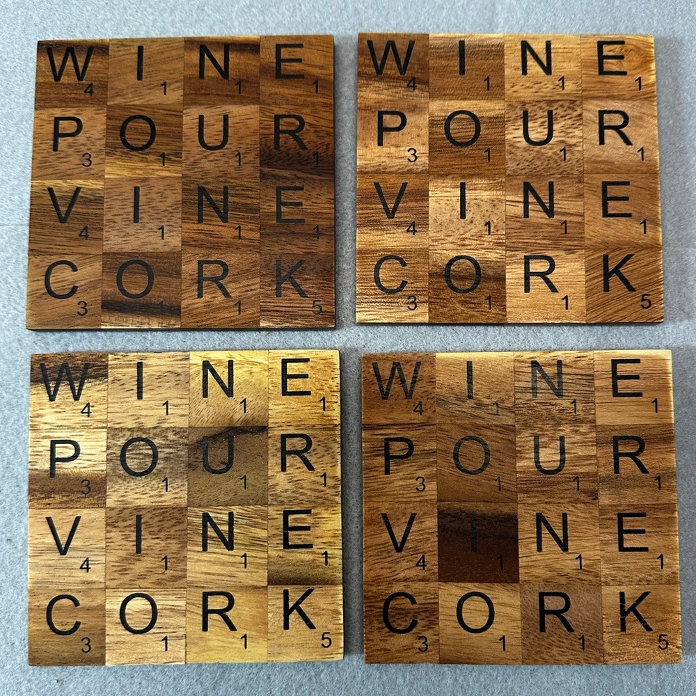 Wooden Teak Wine Coasters “Scrabble”- set of 4 “wine, pour, vine, cork”